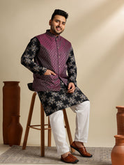 Sojanya PLUS (Since 1958) Men's Cotton Linen Printed Black Kurta & Pyjama With Wine Nehru Jacket
