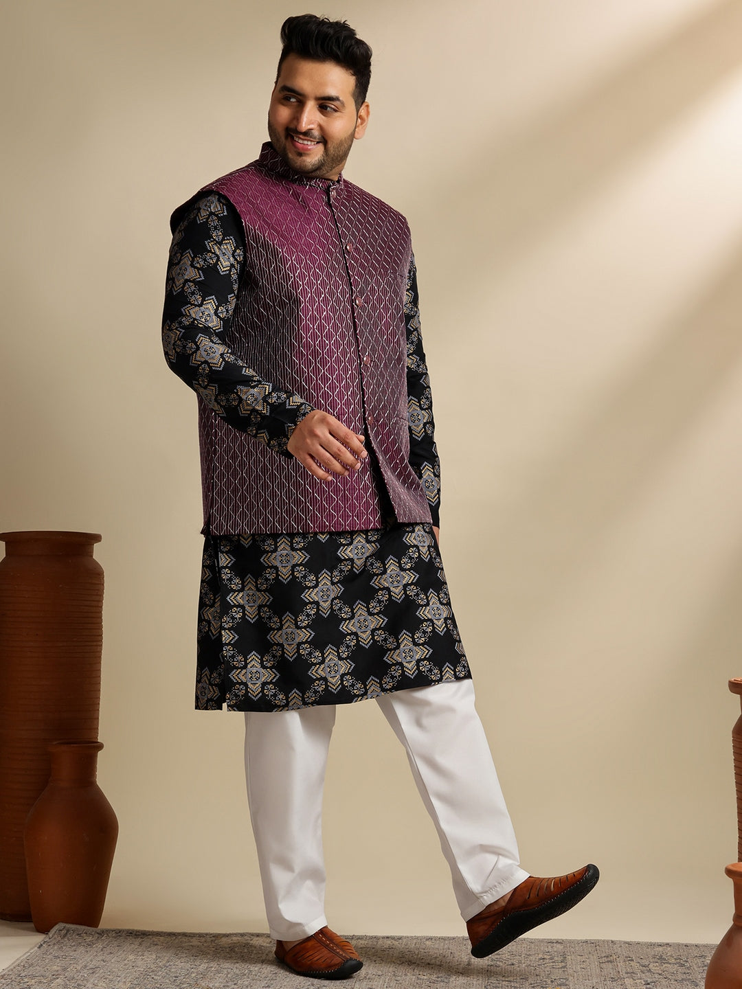 Sojanya PLUS (Since 1958) Men's Cotton Linen Printed Black Kurta & Pyjama With Wine Nehru Jacket