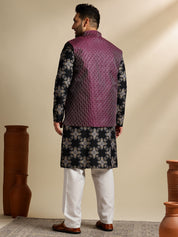 Sojanya PLUS (Since 1958) Men's Cotton Linen Printed Black Kurta & Pyjama With Wine Nehru Jacket