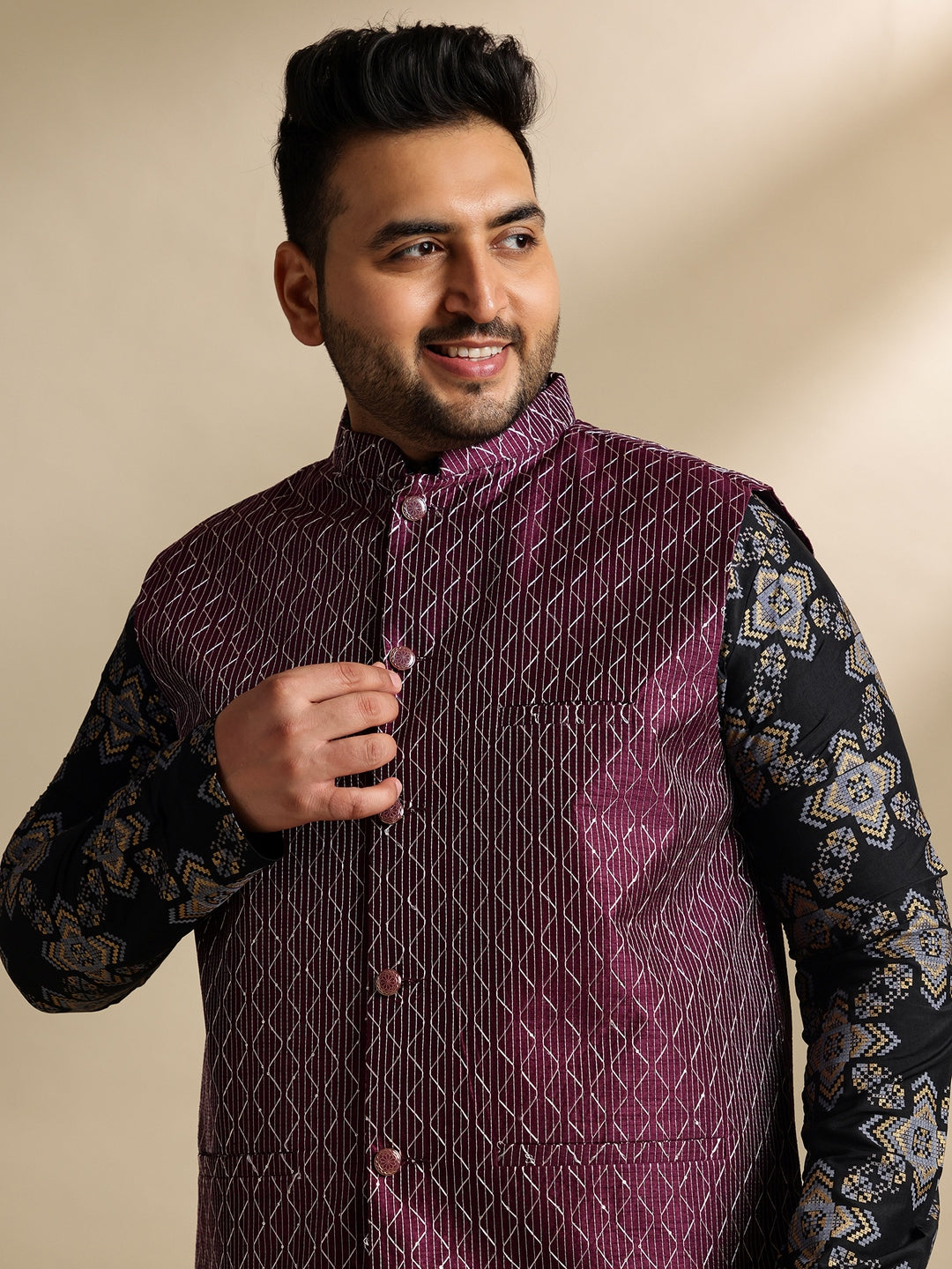 Sojanya PLUS (Since 1958) Men's Cotton Linen Printed Black Kurta & Pyjama With Wine Nehru Jacket