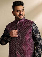 Sojanya PLUS (Since 1958) Men's Cotton Linen Printed Black Kurta & Pyjama With Wine Nehru Jacket