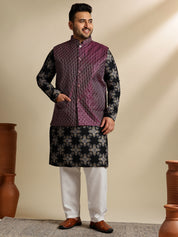 Sojanya PLUS (Since 1958) Men's Cotton Linen Printed Black Kurta & Pyjama With Wine Nehru Jacket