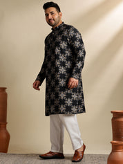 Sojanya PLUS (Since 1958) Men's Cotton Linen Printed Black Kurta & Pyjama With Wine Nehru Jacket