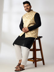Men's Cotton Black Chikankari Kurta With White Pyjama & Printed Yellow Nehru Jacket