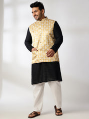 Men's Cotton Black Chikankari Kurta With White Pyjama & Printed Yellow Nehru Jacket