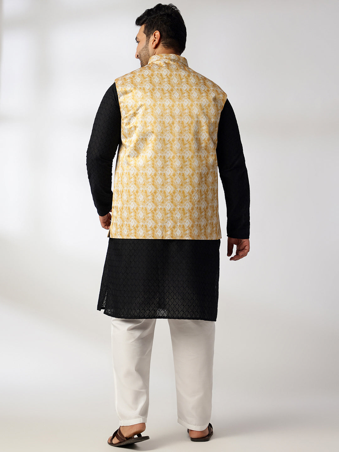 Men's Cotton Black Chikankari Kurta With White Pyjama & Printed Yellow Nehru Jacket