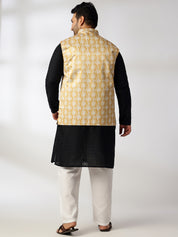 Men's Cotton Black Chikankari Kurta With White Pyjama & Printed Yellow Nehru Jacket