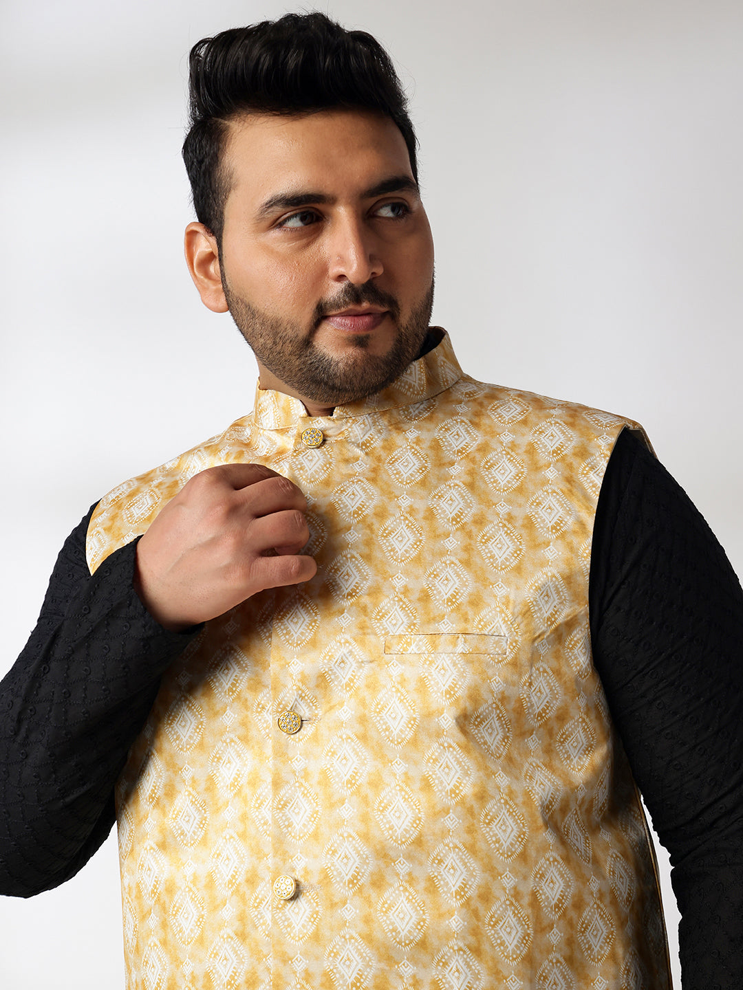 Men's Cotton Black Chikankari Kurta With White Pyjama & Printed Yellow Nehru Jacket