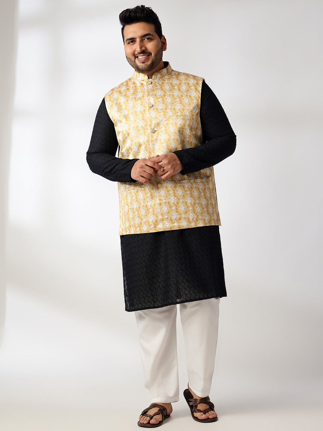 Men's Cotton Black Chikankari Kurta With White Pyjama & Printed Yellow Nehru Jacket