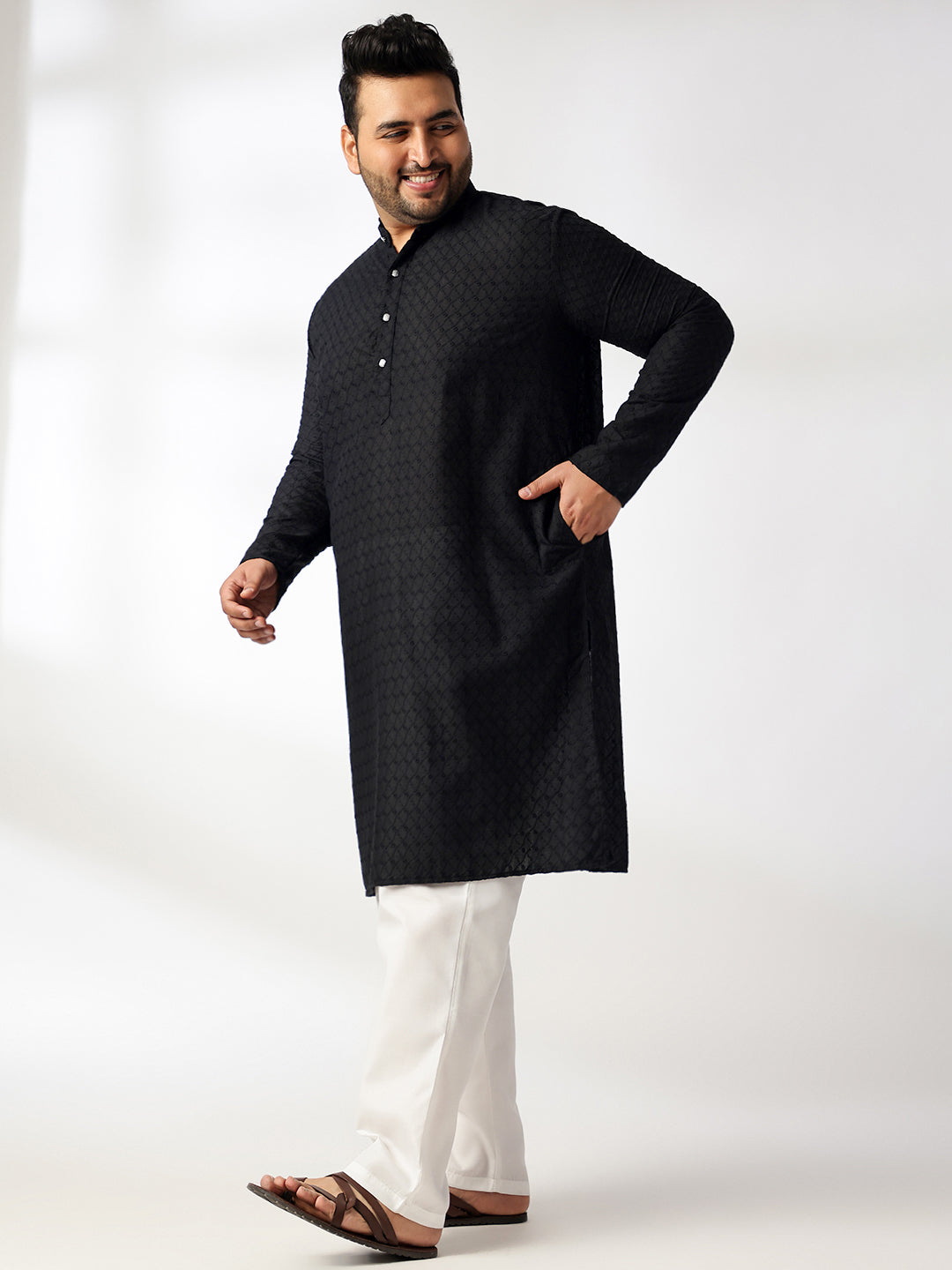 Men's Cotton Black Chikankari Kurta With White Pyjama & Printed Yellow Nehru Jacket