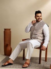 Sojanya Plus (Since 1958) Men's Cotton White Chikankari Kurta & Pyjama With Woven Green Nehru Jacket
