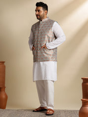 Sojanya Plus (Since 1958) Men's Cotton White Chikankari Kurta & Pyjama With Woven Green Nehru Jacket