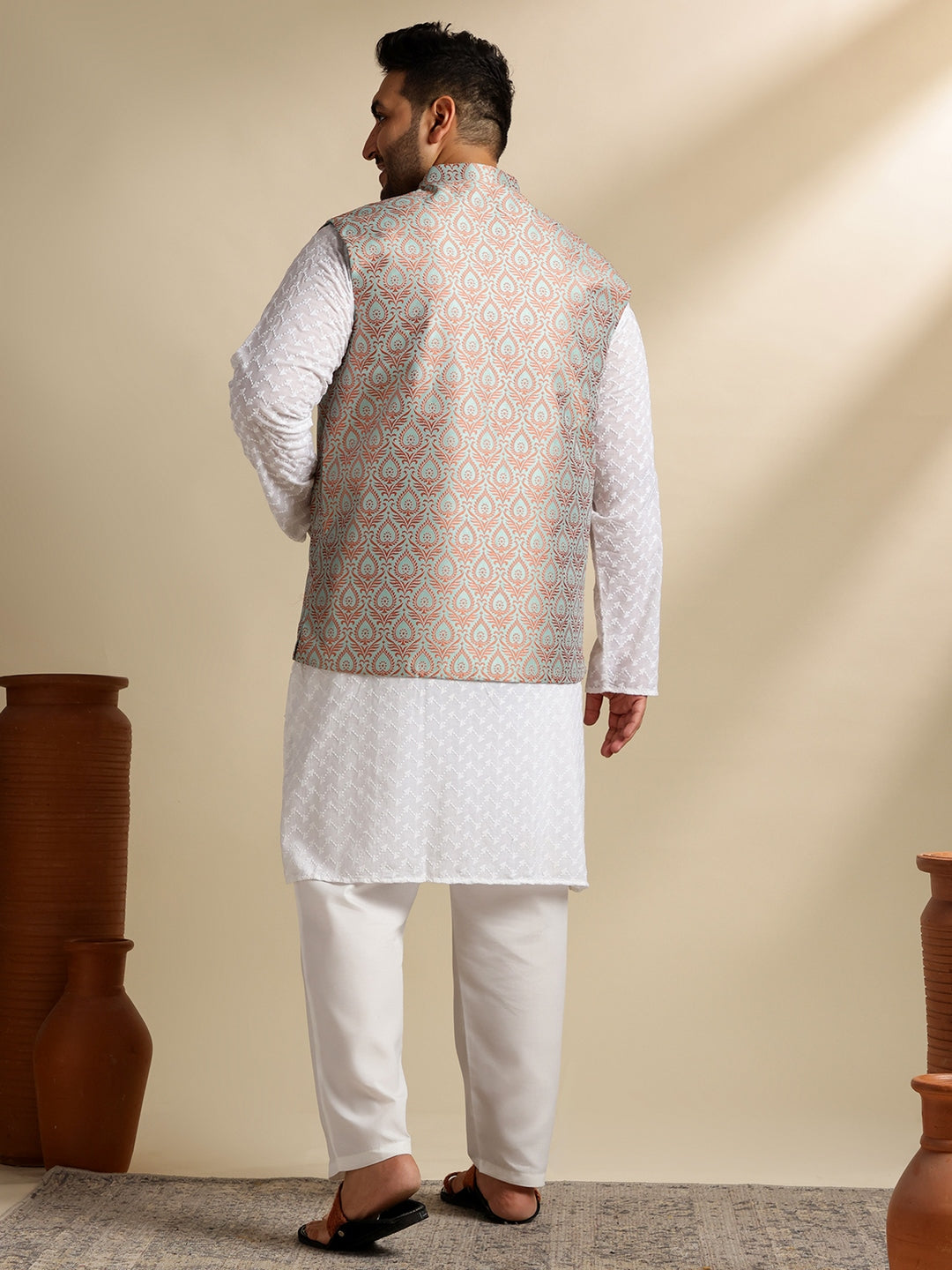 Sojanya Plus (Since 1958) Men's Cotton White Chikankari Kurta & Pyjama With Woven Green Nehru Jacket