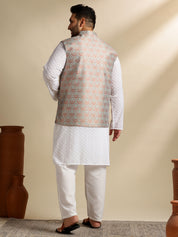 Sojanya Plus (Since 1958) Men's Cotton White Chikankari Kurta & Pyjama With Woven Green Nehru Jacket