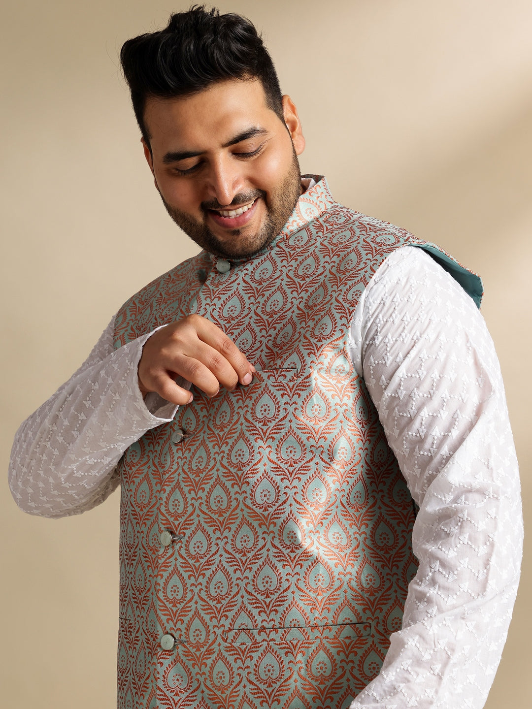 Sojanya Plus (Since 1958) Men's Cotton White Chikankari Kurta & Pyjama With Woven Green Nehru Jacket