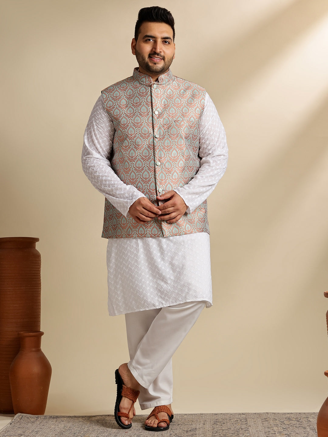 Sojanya Plus (Since 1958) Men's Cotton White Chikankari Kurta & Pyjama With Woven Green Nehru Jacket