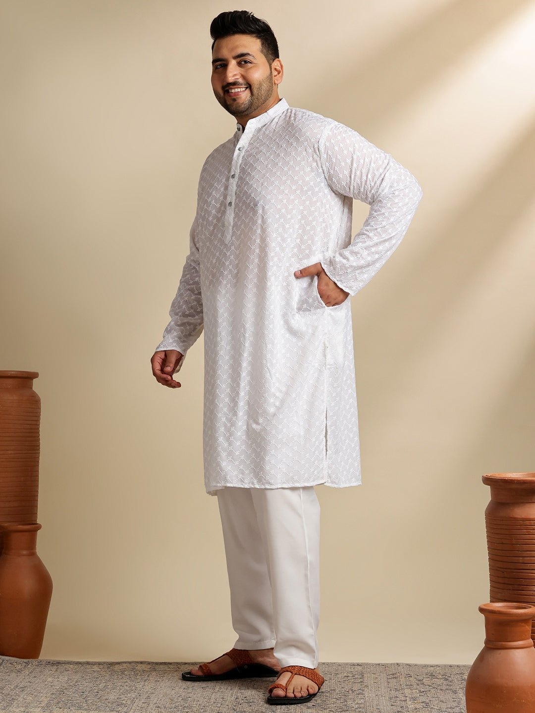 Sojanya Plus (Since 1958) Men's Cotton White Chikankari Kurta & Pyjama With Woven Green Nehru Jacket