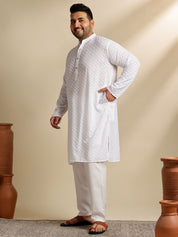 Sojanya Plus (Since 1958) Men's Cotton White Chikankari Kurta & Pyjama With Woven Green Nehru Jacket