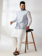 Men's Cotton White Chikankari Kurta & Pyjama With Blue Nehru Jacket
