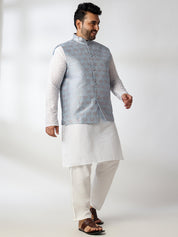 Men's Cotton White Chikankari Kurta & Pyjama With Blue Nehru Jacket