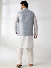 Men's Cotton White Chikankari Kurta & Pyjama With Blue Nehru Jacket
