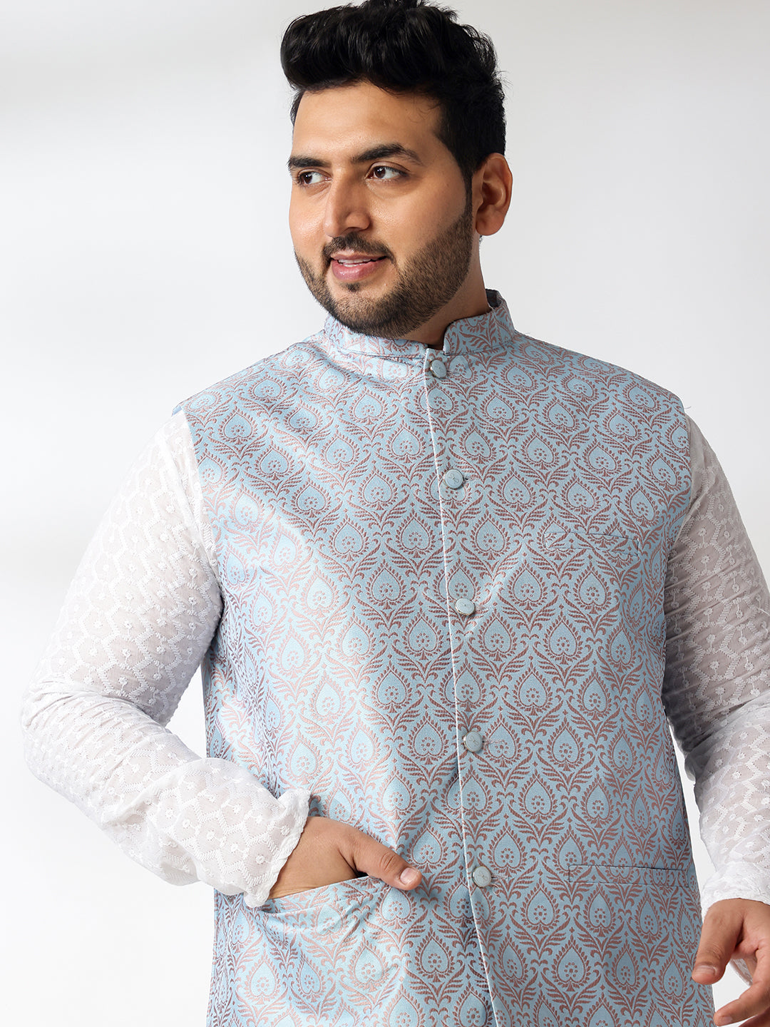 Men's Cotton White Chikankari Kurta & Pyjama With Blue Nehru Jacket