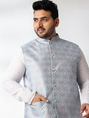 Men's Cotton White Chikankari Kurta & Pyjama With Blue Nehru Jacket