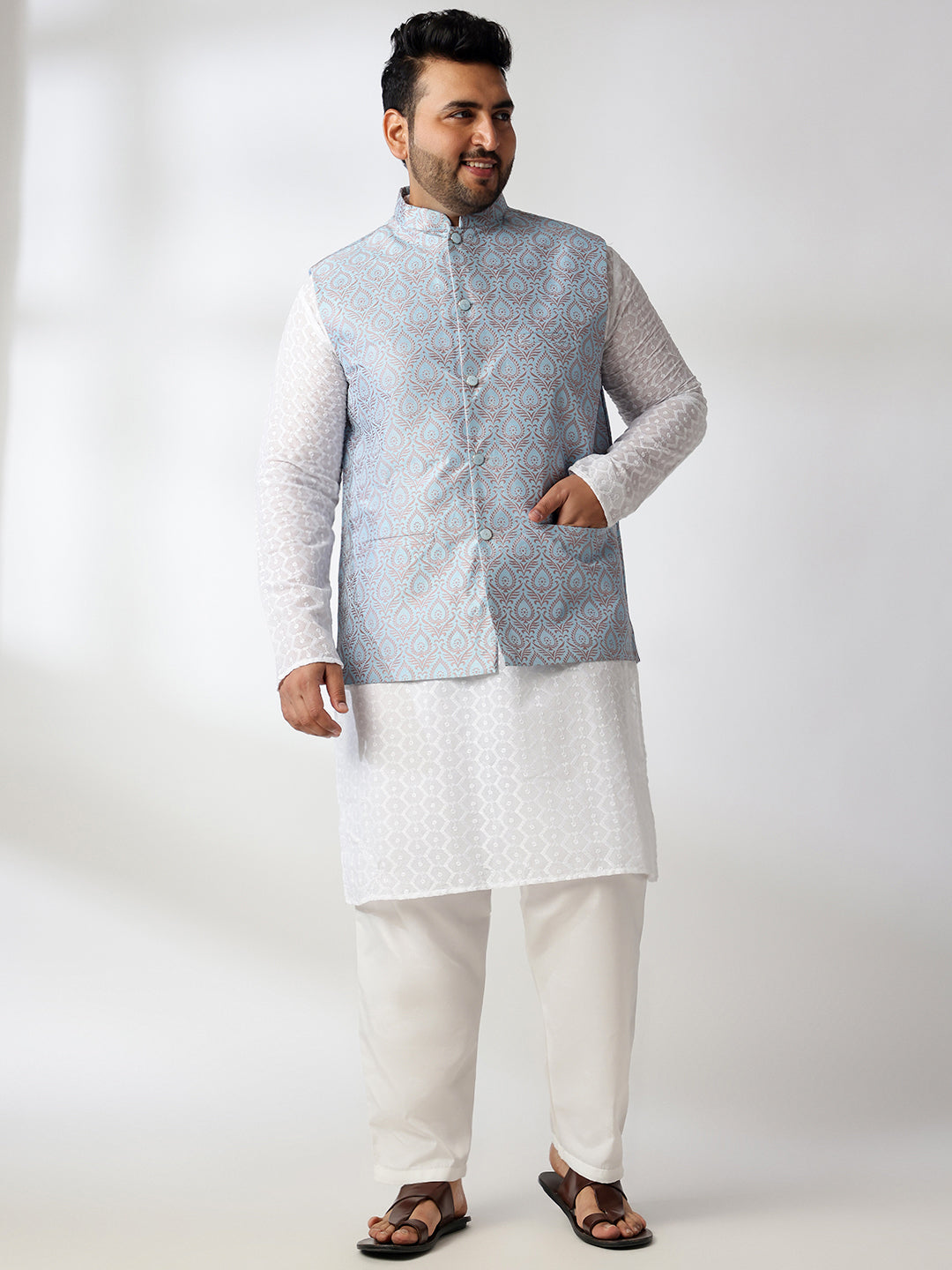 Men's Cotton White Chikankari Kurta & Pyjama With Blue Nehru Jacket