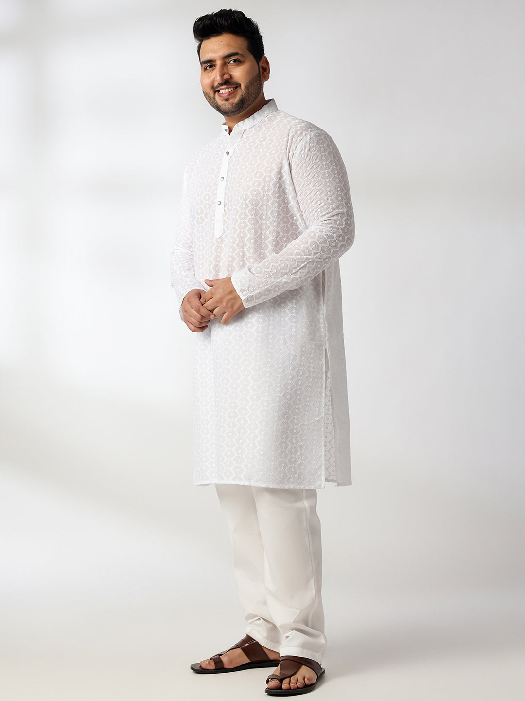 Men's Cotton White Chikankari Kurta & Pyjama With Blue Nehru Jacket