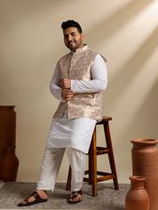 Sojanya Plus (Since 1958) Men's Cotton White Chikankari Kurta & Pyjama With Woven Cream Nehru Jacket