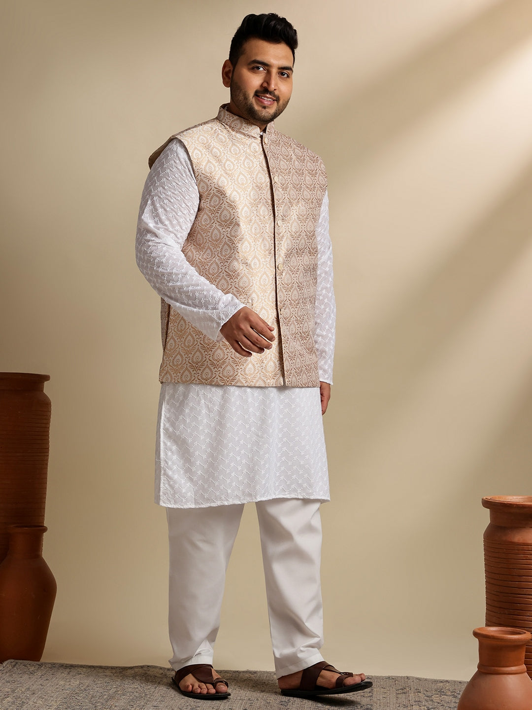 Sojanya Plus (Since 1958) Men's Cotton White Chikankari Kurta & Pyjama With Woven Cream Nehru Jacket