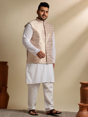 Sojanya Plus (Since 1958) Men's Cotton White Chikankari Kurta & Pyjama With Woven Cream Nehru Jacket