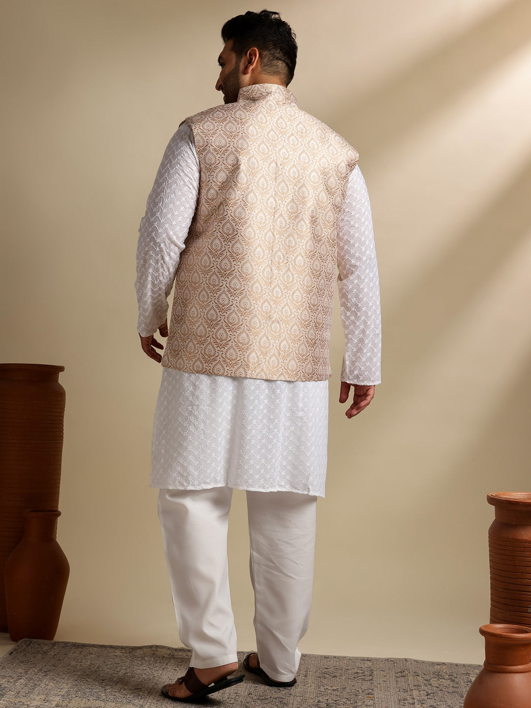 Sojanya Plus (Since 1958) Men's Cotton White Chikankari Kurta & Pyjama With Woven Cream Nehru Jacket
