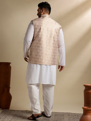 Sojanya Plus (Since 1958) Men's Cotton White Chikankari Kurta & Pyjama With Woven Cream Nehru Jacket