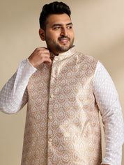 Sojanya Plus (Since 1958) Men's Cotton White Chikankari Kurta & Pyjama With Woven Cream Nehru Jacket