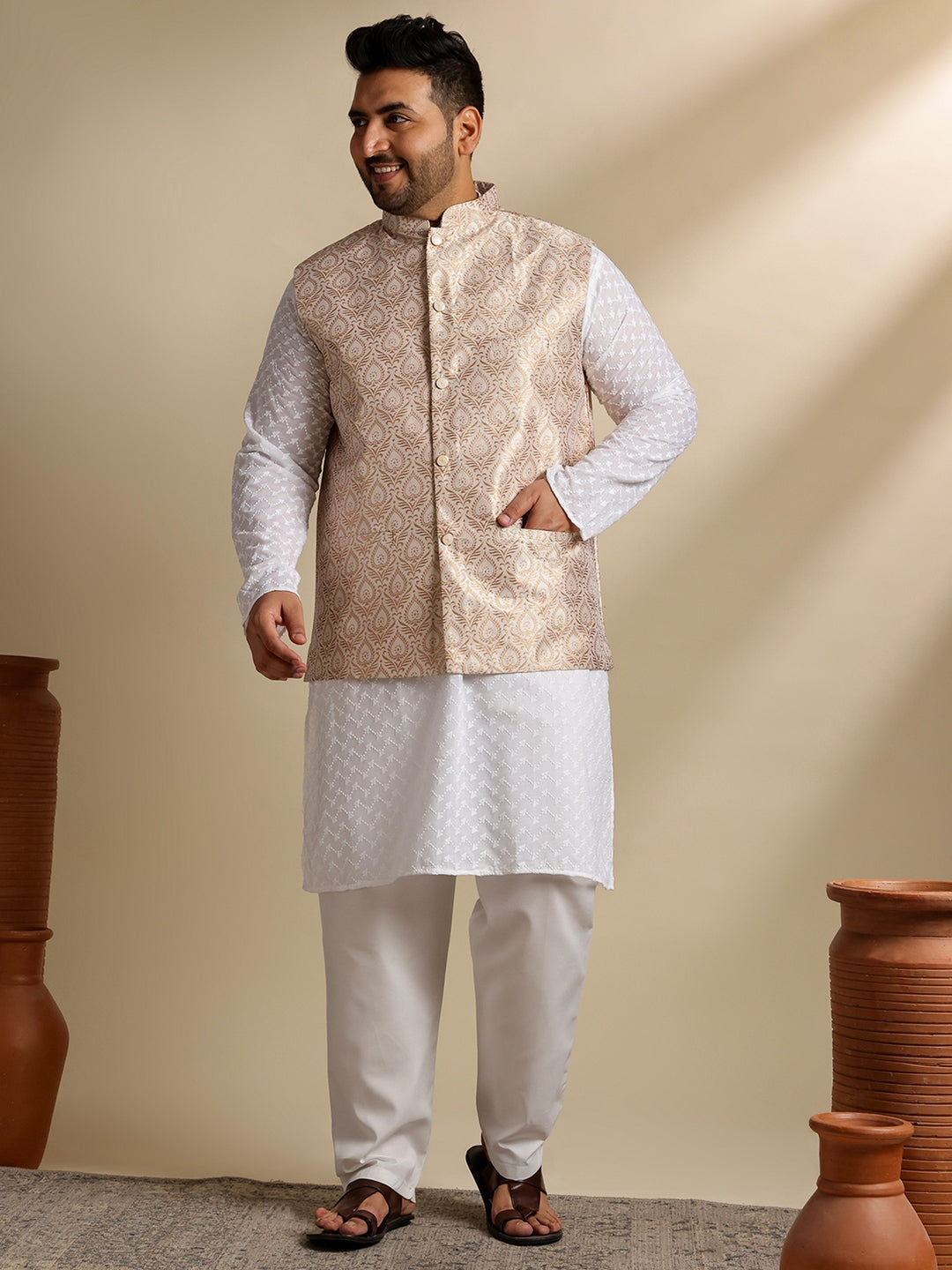 Sojanya Plus (Since 1958) Men's Cotton White Chikankari Kurta & Pyjama With Woven Cream Nehru Jacket