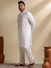 Sojanya Plus (Since 1958) Men's Cotton White Chikankari Kurta & Pyjama With Woven Cream Nehru Jacket