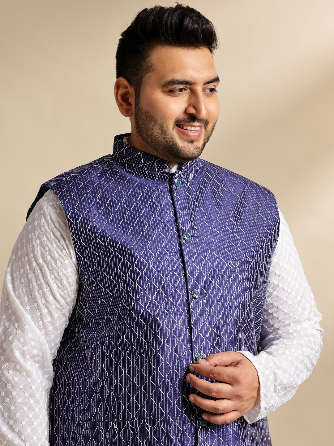 Sojanya Plus (Since 1958) Men's Cotton White Chikankari Kurta & Pyjama With Navy Nehru Jacket