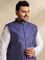 Sojanya Plus (Since 1958) Men's Cotton White Chikankari Kurta & Pyjama With Navy Nehru Jacket