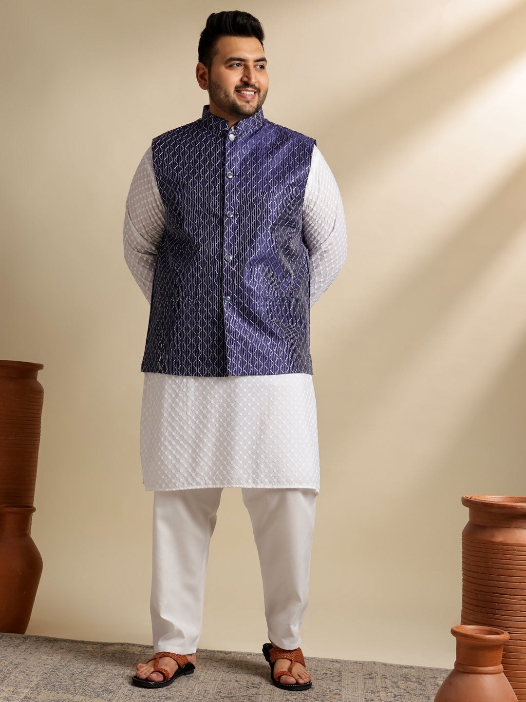 Sojanya Plus (Since 1958) Men's Cotton White Chikankari Kurta & Pyjama With Navy Nehru Jacket