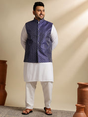 Sojanya Plus (Since 1958) Men's Cotton White Chikankari Kurta & Pyjama With Navy Nehru Jacket