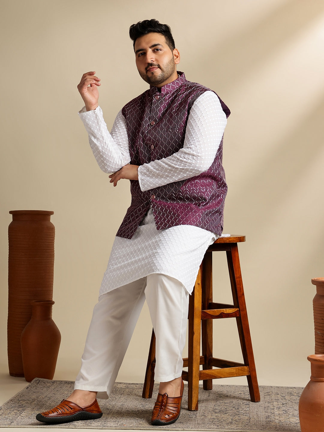 Sojanya Plus (Since 1958) Men's Cotton White Chikankari Kurta & Pyjama With Wine Nehru Jacket