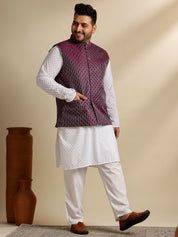 Sojanya Plus (Since 1958) Men's Cotton White Chikankari Kurta & Pyjama With Wine Nehru Jacket