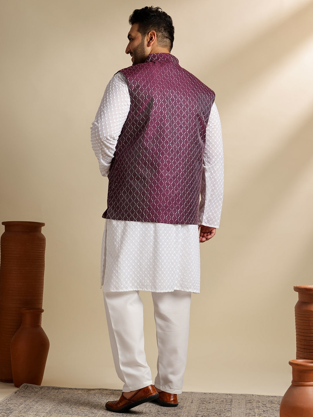 Sojanya Plus (Since 1958) Men's Cotton White Chikankari Kurta & Pyjama With Wine Nehru Jacket