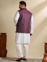 Sojanya Plus (Since 1958) Men's Cotton White Chikankari Kurta & Pyjama With Wine Nehru Jacket