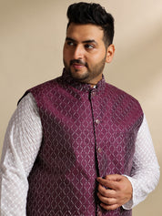 Sojanya Plus (Since 1958) Men's Cotton White Chikankari Kurta & Pyjama With Wine Nehru Jacket