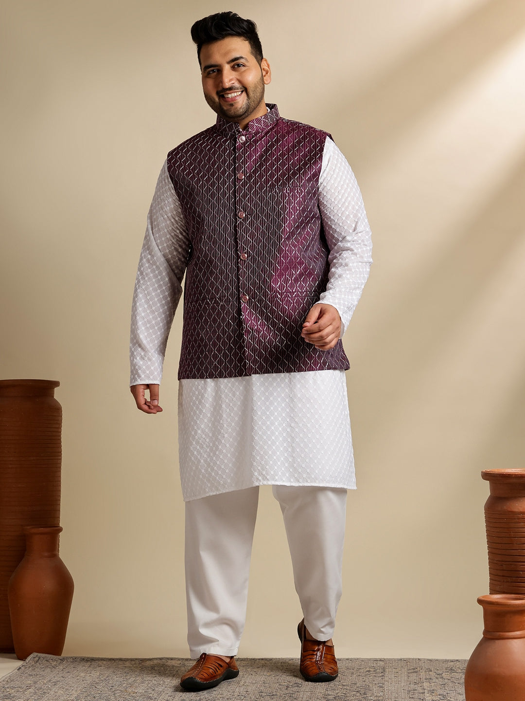 Sojanya Plus (Since 1958) Men's Cotton White Chikankari Kurta & Pyjama With Wine Nehru Jacket