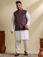 Sojanya Plus (Since 1958) Men's Cotton White Chikankari Kurta & Pyjama With Wine Nehru Jacket