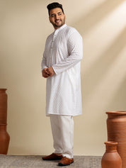 Sojanya Plus (Since 1958) Men's Cotton White Chikankari Kurta & Pyjama With Wine Nehru Jacket