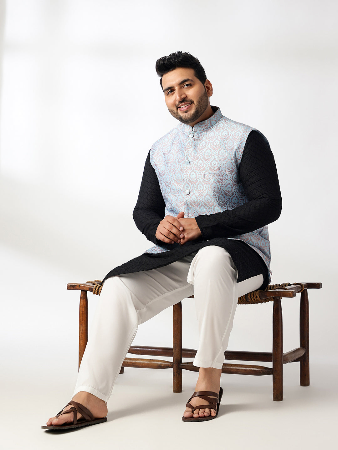 Men's Cotton Black Chikankari Kurta With White Pyjama & Blue Nehru Jacket